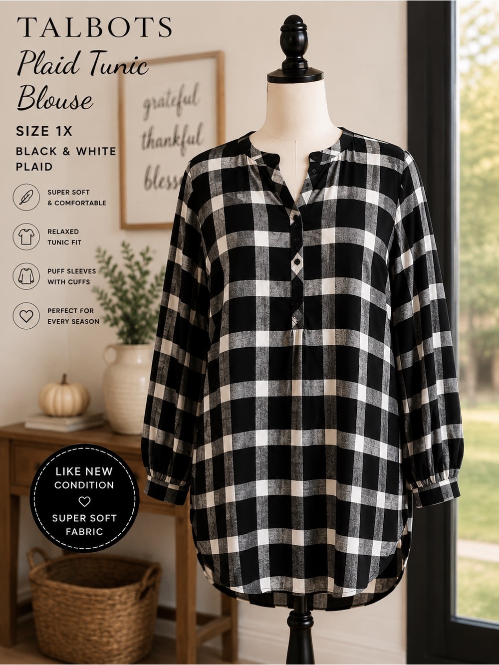 Talbots Black White Plaid Button Front Tunic Blouse Plus Size 1X